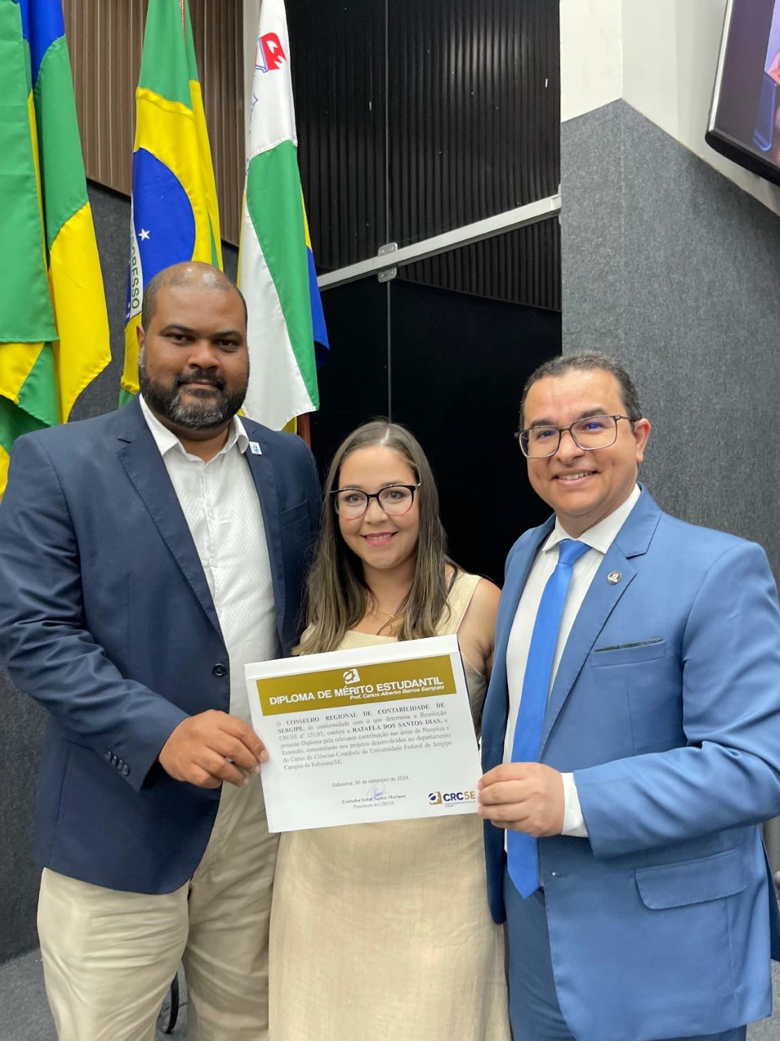 Magnífico Reitor da Universidade Federal de Sergipe, Professor Dr. Valter Joviniano, Presidente do Conselho Regional de Contabilidade, CRC/SE, Contador Ionas Mariano Rafaela dos Santos Dias, Prêmio Destaque Acadêmica DCCI/UFS 2024